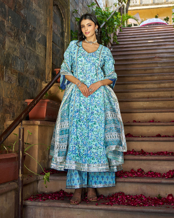 Yara Handblock Cotton Gotapatti Suit Set