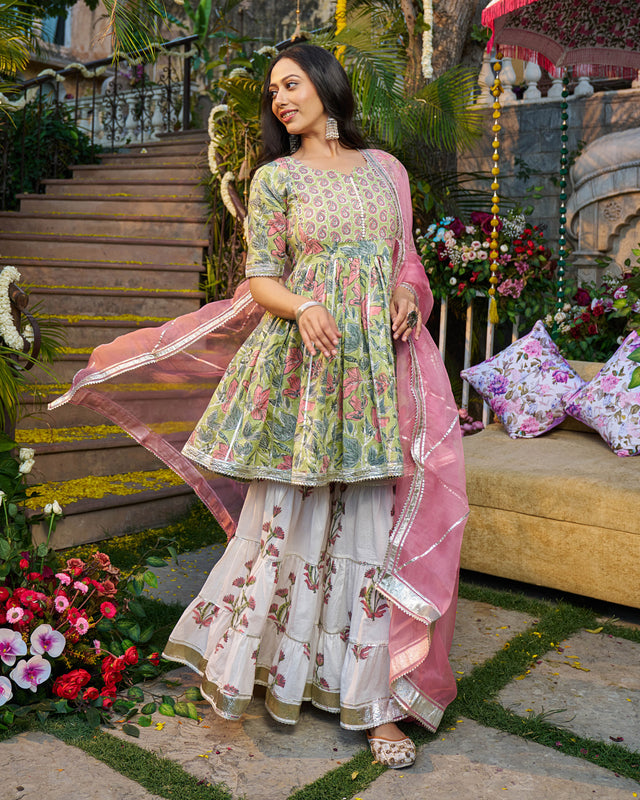 Tabeer Handblock Cotton Gotapatti Sharara Set