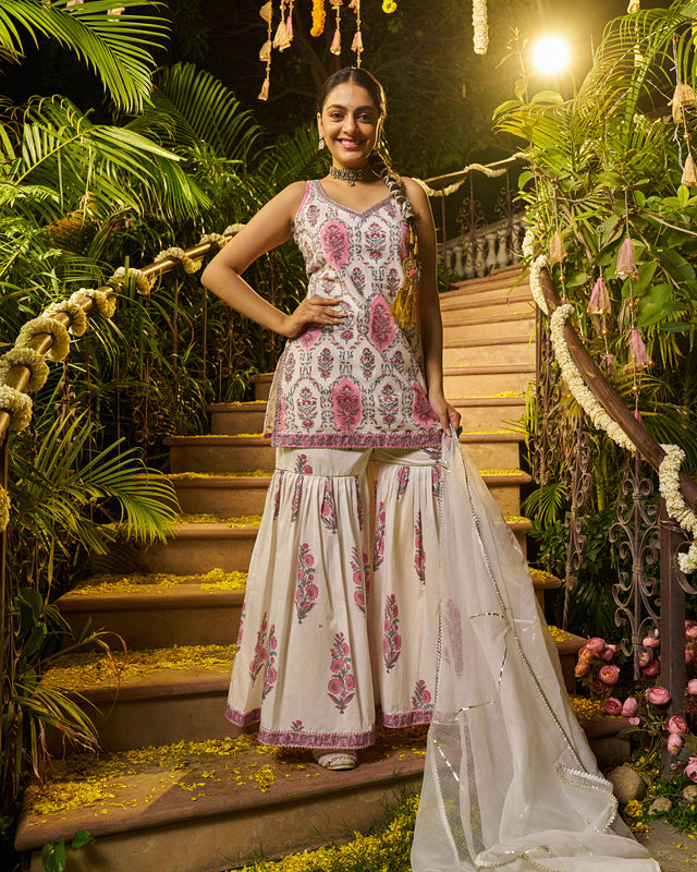 Barq Handblock Cotton Gotapatti Sharara Set