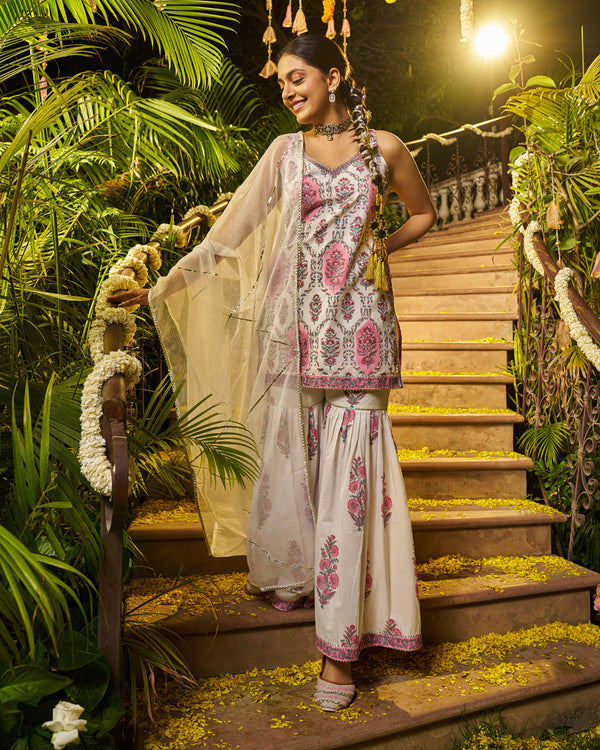 Barq Handblock Cotton Gotapatti Sharara Set