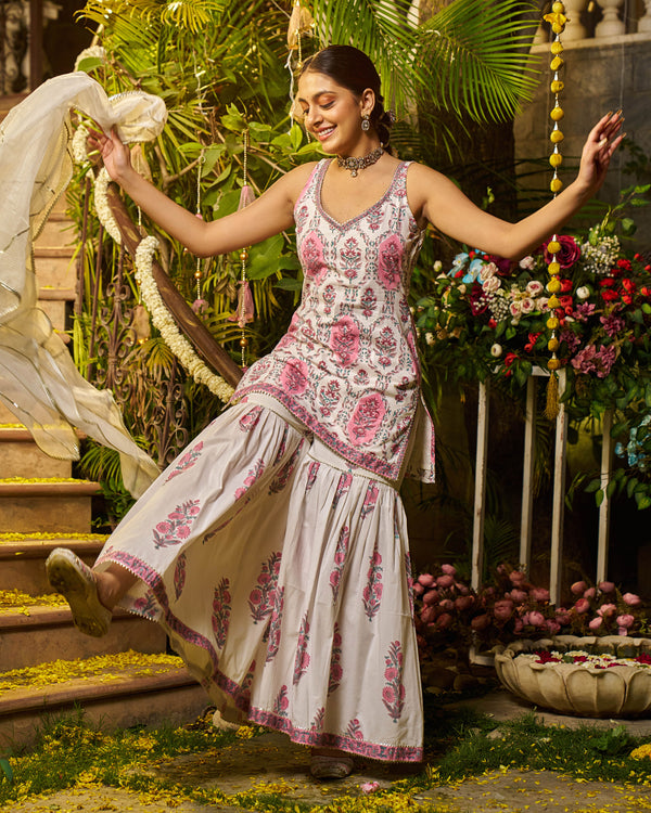 Barq Handblock Cotton Gotapatti Sharara Set