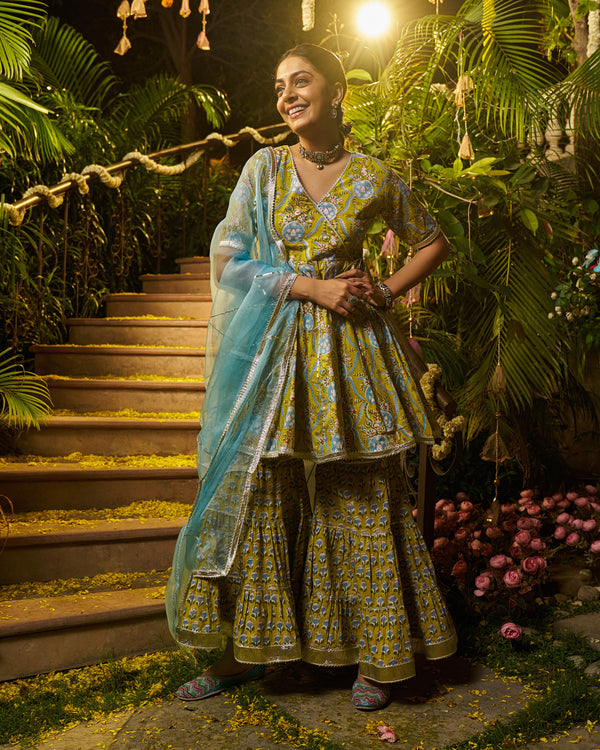 Izza Handblock Cotton Gotapatti Sharara Set