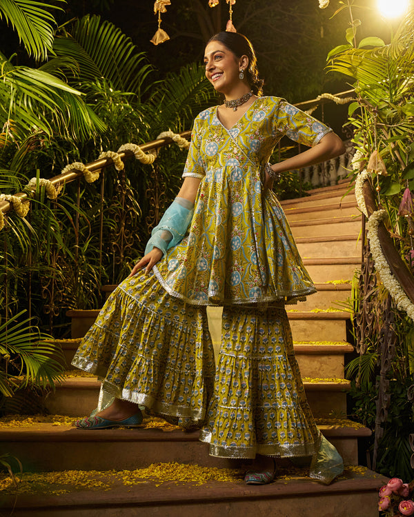 Izza Handblock Cotton Gotapatti Sharara Set