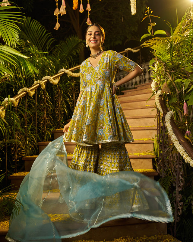 Izza Handblock Cotton Gotapatti Sharara Set