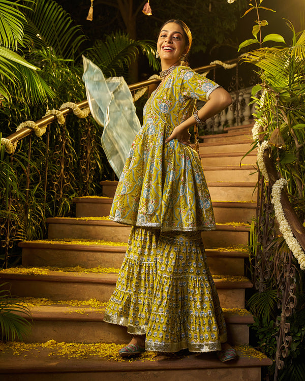 Izza Handblock Cotton Gotapatti Sharara Set