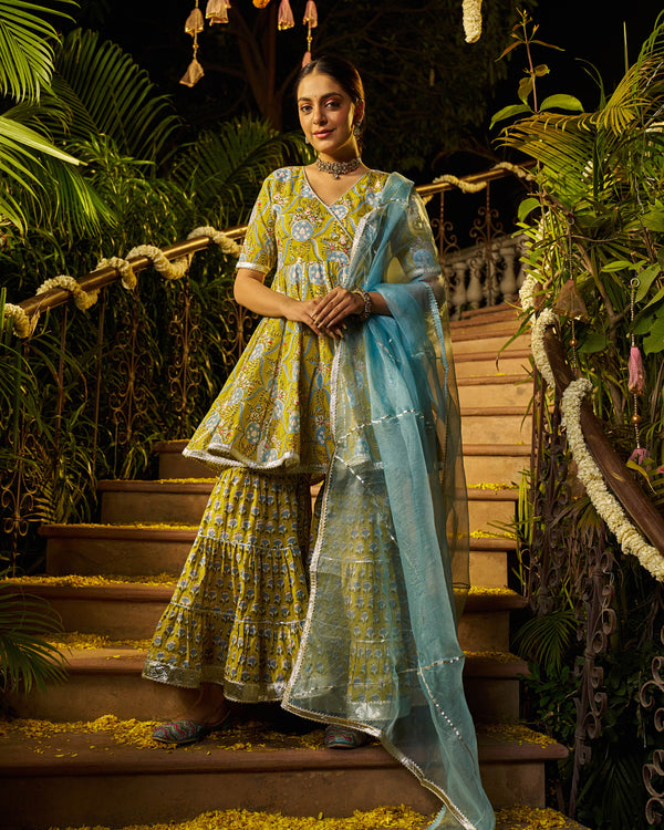 Izza Handblock Cotton Gotapatti Sharara Set