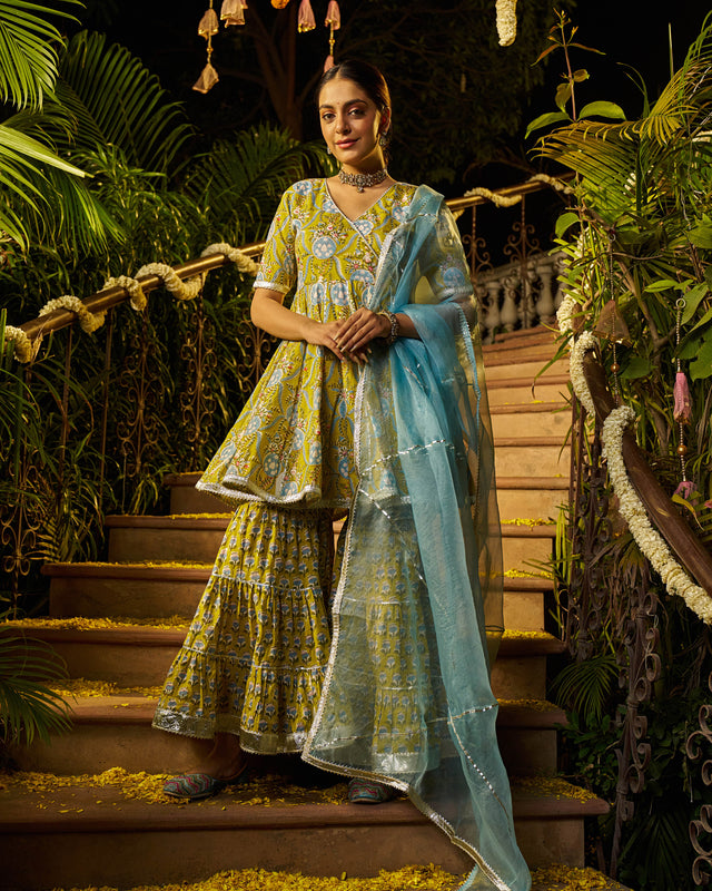 Izza Handblock Cotton Gotapatti Sharara Set