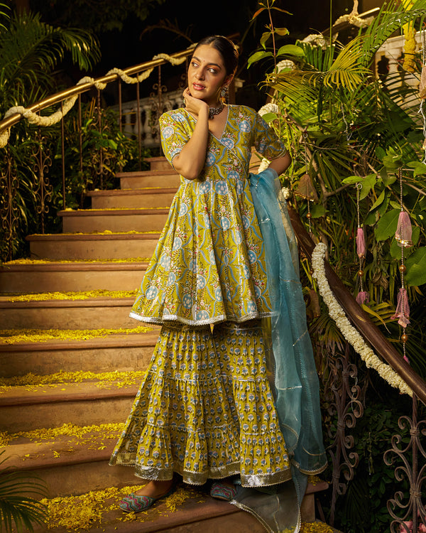 Izza Handblock Cotton Gotapatti Sharara Set