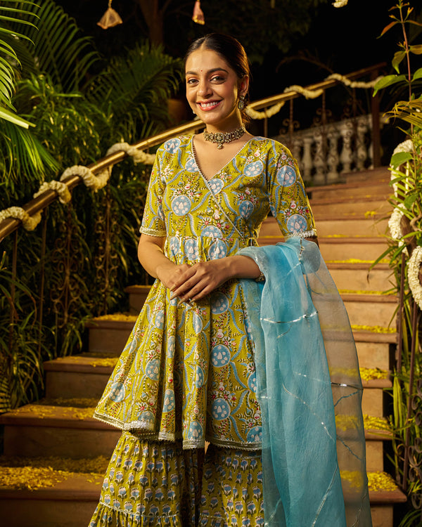 Izza Handblock Cotton Gotapatti Sharara Set