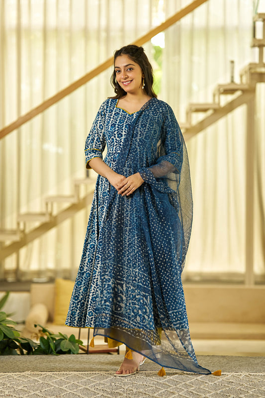 Noor Indigo handblock Anarkali suit set