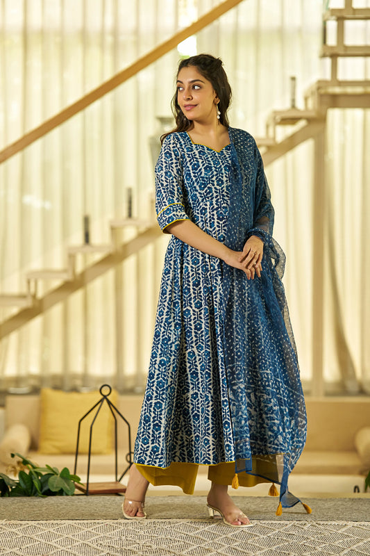 Noor Indigo handblock Anarkali suit set