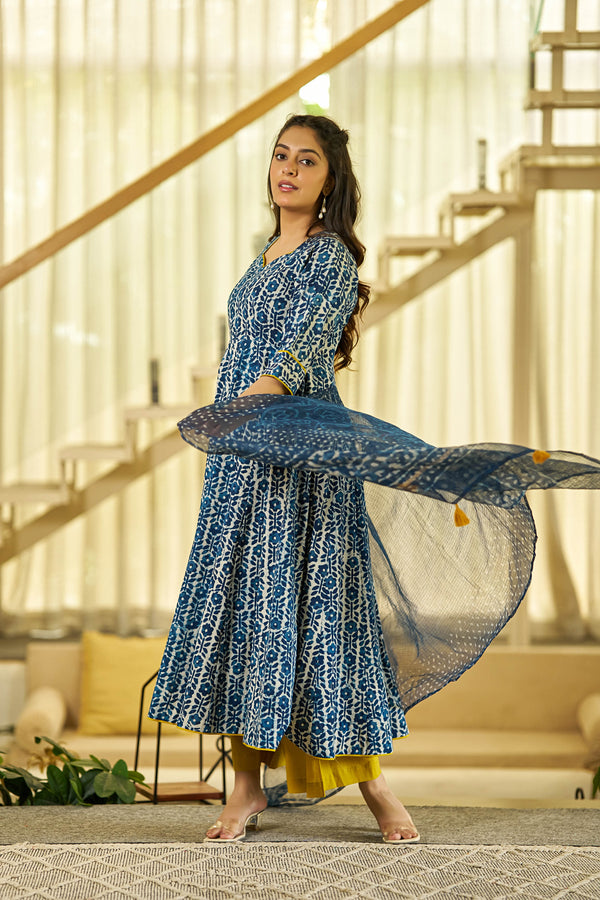 Noor Indigo handblock Anarkali suit set