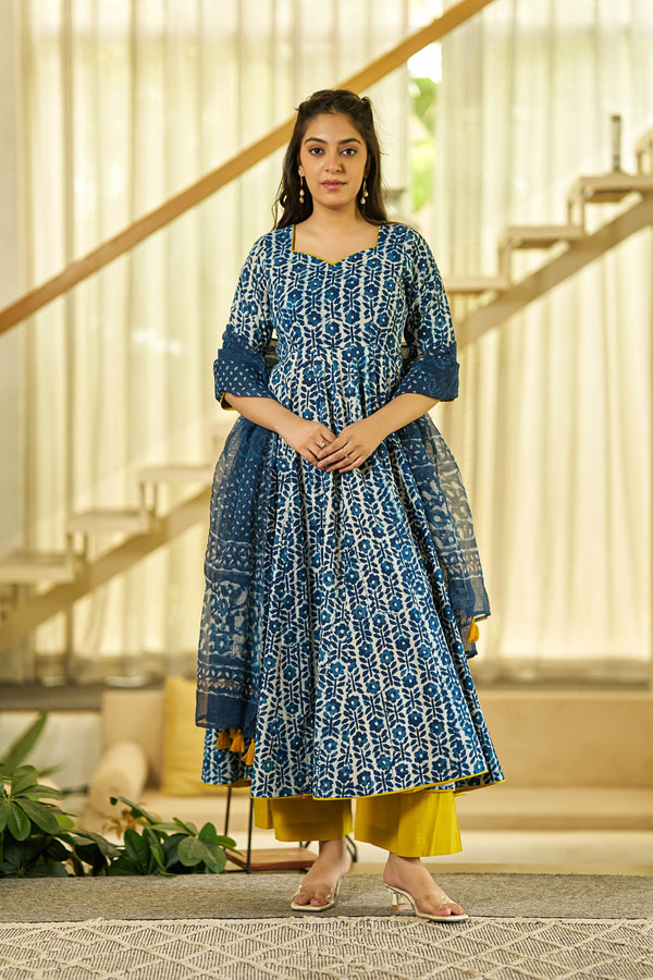 Noor Indigo handblock Anarkali suit set
