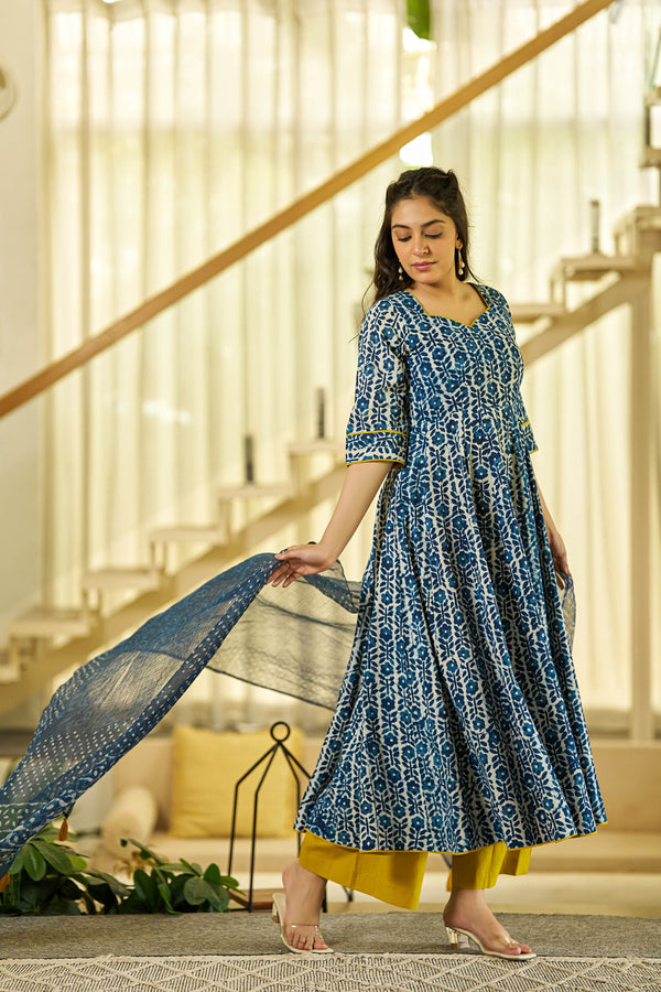 Noor Indigo handblock Anarkali suit set