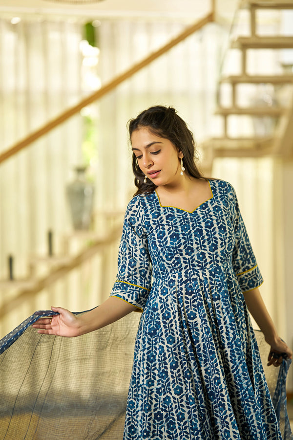 Noor Indigo handblock Anarkali suit set