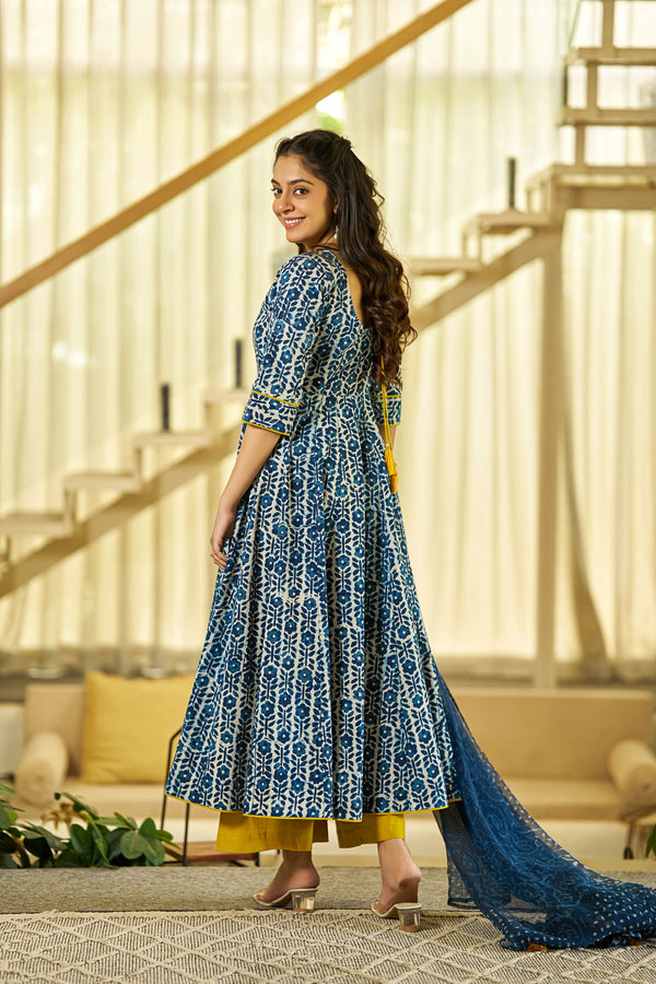 Noor Indigo handblock Anarkali suit set