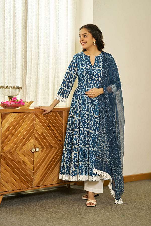 Neel Dabu handblock Anarkali set