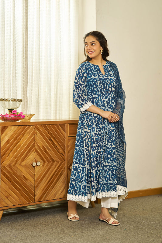 Neel Dabu handblock Anarkali set