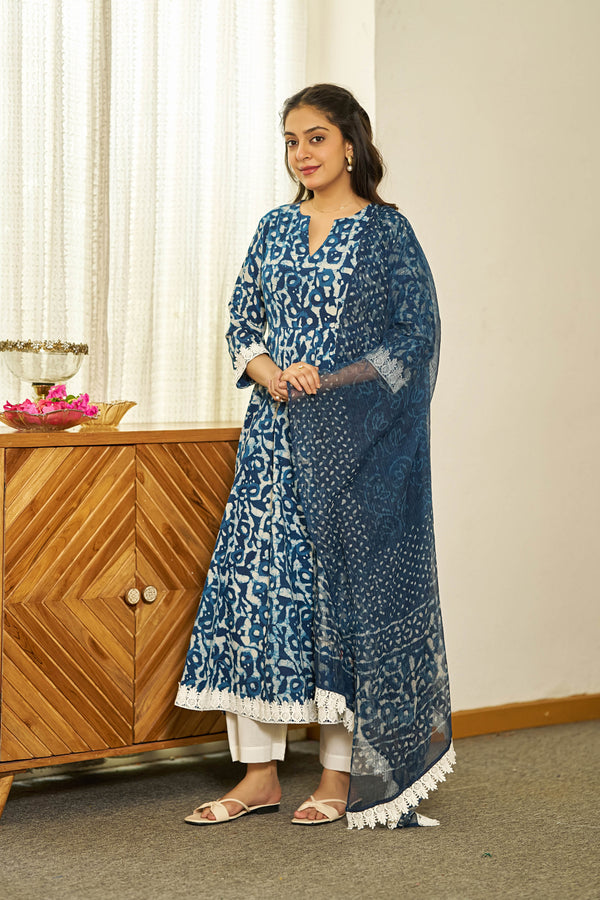 Neel Dabu handblock Anarkali set