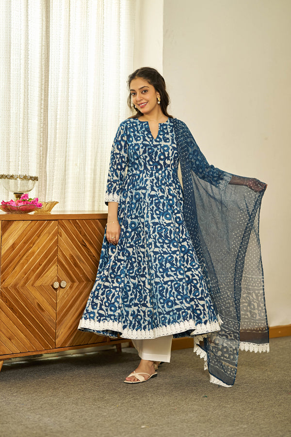 Neel Dabu handblock Anarkali set