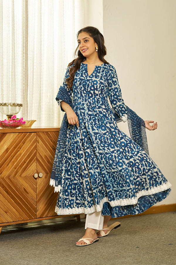 Neel Dabu handblock Anarkali set