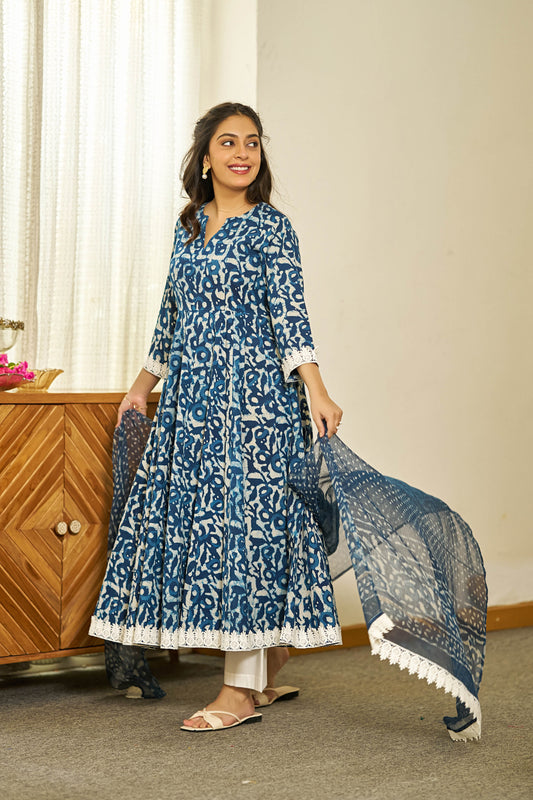 Neel Dabu handblock Anarkali set