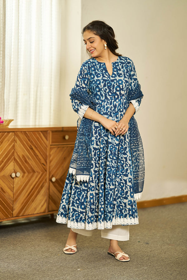 Neel Dabu handblock Anarkali set