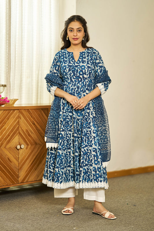 Neel Dabu handblock Anarkali set