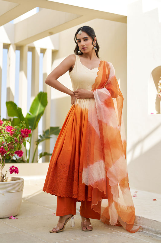 Gul Orange Ombre Cotton Schiffli Suit Set