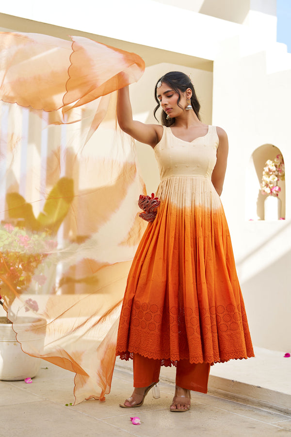 Gul Orange Ombre Cotton Schiffli Suit Set