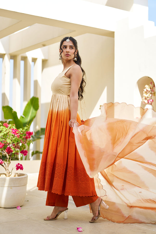Gul Orange Ombre Cotton Schiffli Suit Set
