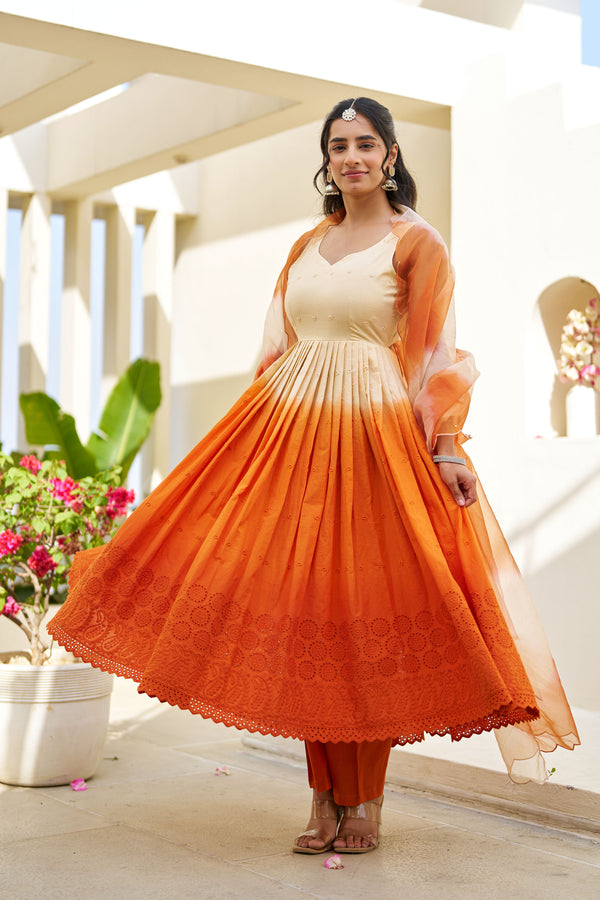 Gul Orange Ombre Cotton Schiffli Suit Set