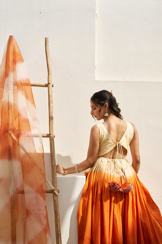 Gul Orange Ombre Cotton Schiffli Suit Set