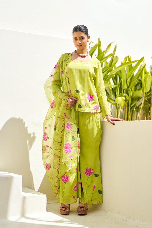 Taru Lime Green Handpainted Sharara Set