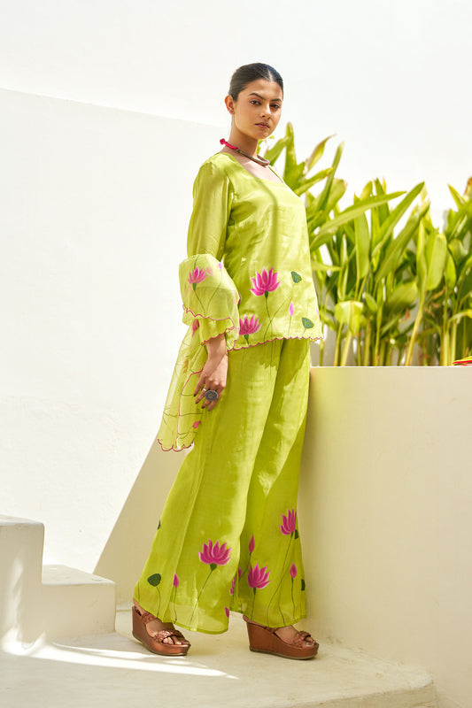 Taru Lime Green Handpainted Sharara Set