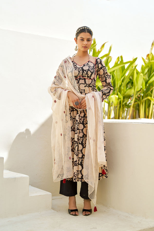 Black Blossom Anarkali Suit Set