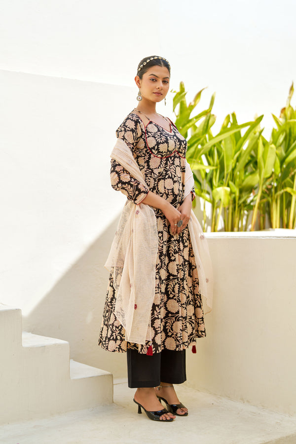 Black Blossom Anarkali Suit Set