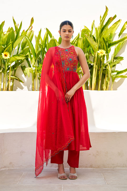 Noor Red Chanderi Embroidery Suit Set