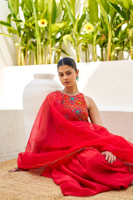 Noor Red Chanderi Embroidery Suit Set