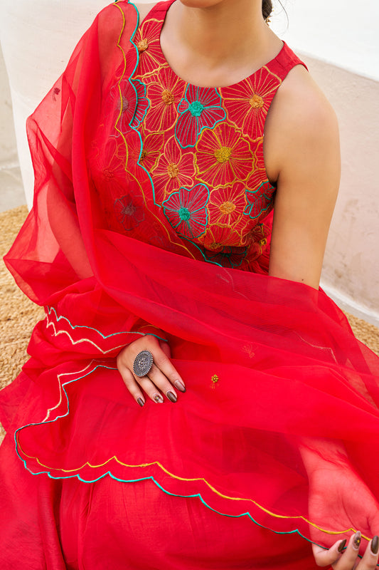 Noor Red Chanderi Embroidery Suit Set