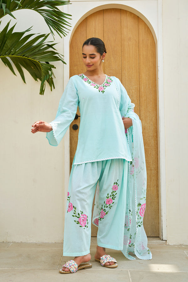 Meher Mint Green Cotton Handpainted Farsi Shalwar Set