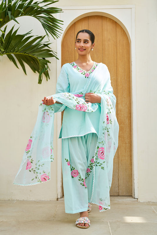 Meher Mint Green Cotton Handpainted Farsi Shalwar Set