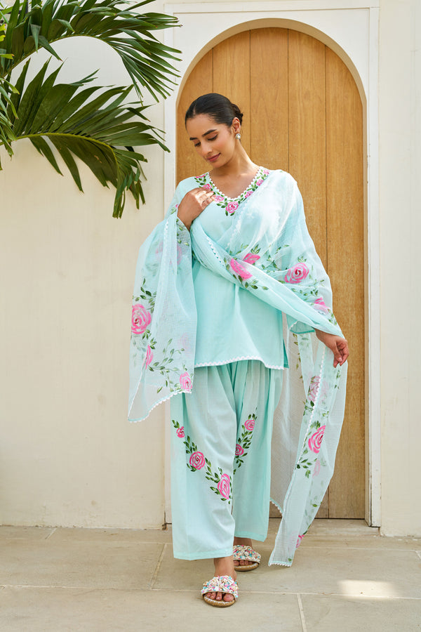 Meher Mint Green Cotton Handpainted Farsi Shalwar Set