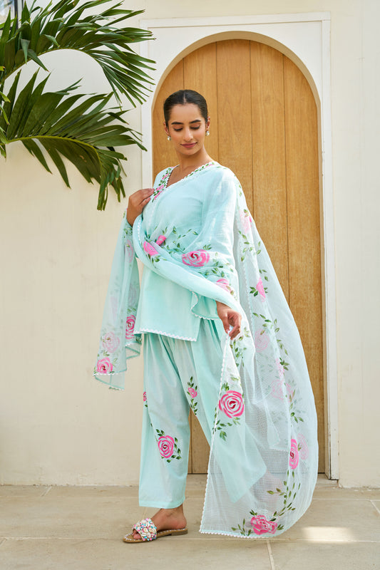 Meher Mint Green Cotton Handpainted Farsi Shalwar Set