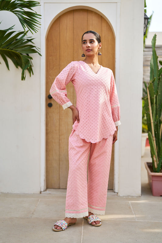 Aabha Pink Cotton Schiffli Coord Set