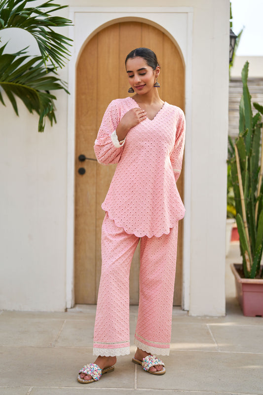 Aabha Pink Cotton Schiffli Coord Set