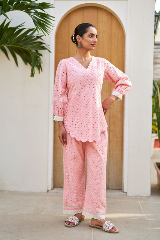 Aabha Pink Cotton Schiffli Coord Set