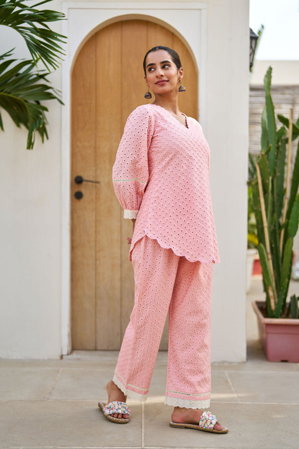 Aabha Pink Cotton Schiffli Coord Set