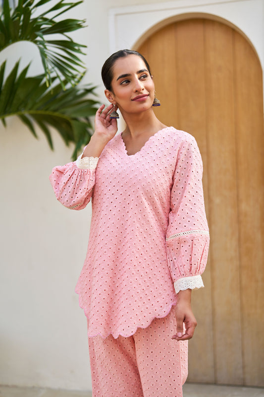 Aabha Pink Cotton Schiffli Coord Set
