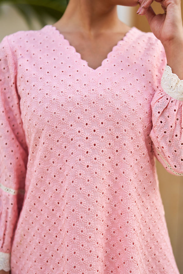 Aabha Pink Cotton Schiffli Coord Set